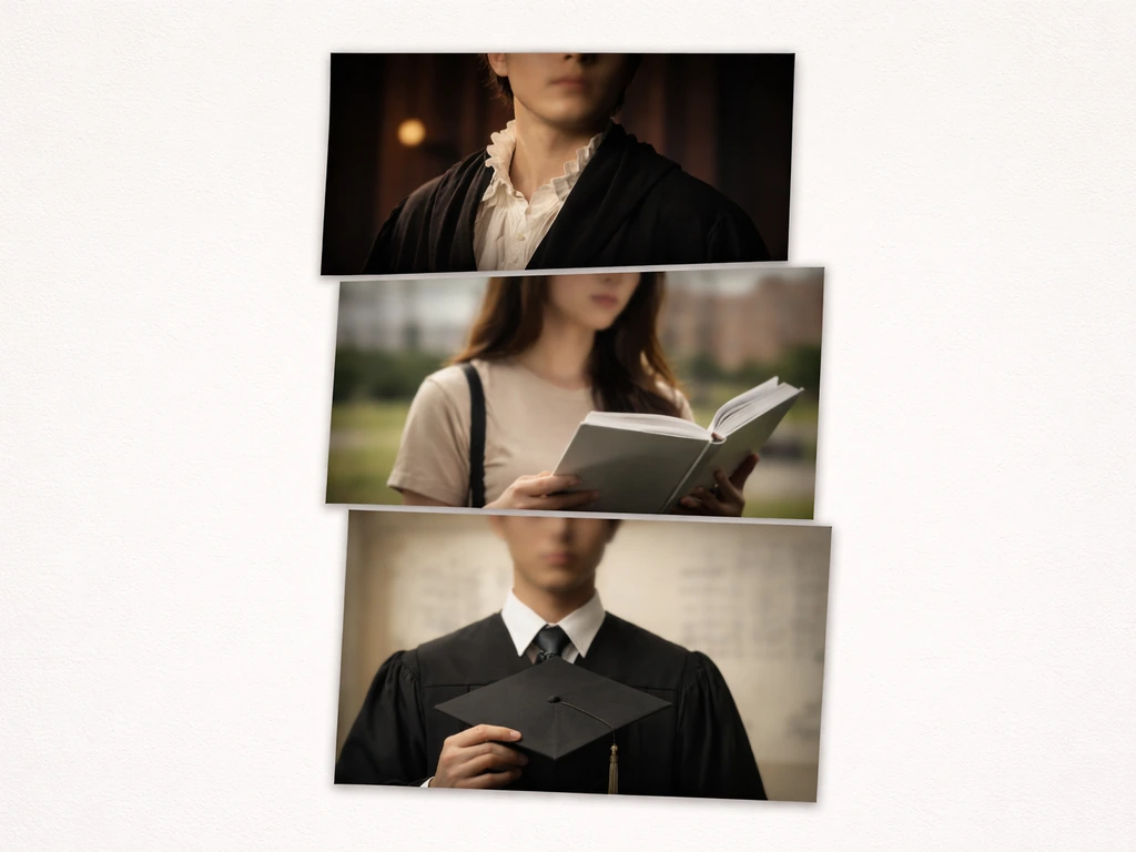 Minimal collage of multiple blurred actor headshots with graduation caps and calendar icons to disambiguate Elliot Villa