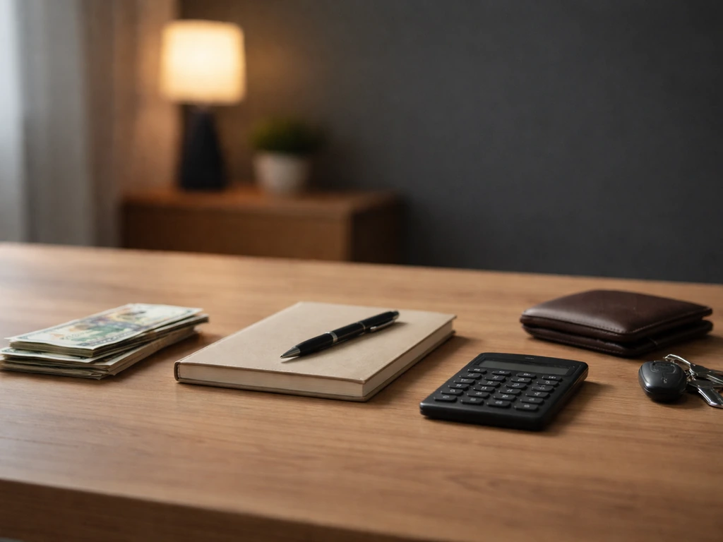 Minimal office desk scene with a small stack of currency and a calculator, suggesting a net worth estimate breakdown.