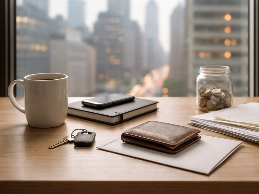 Minimal desk scene with coins jar, keys, and plain documents, NYC window blur implying rent, savings, and bills.
