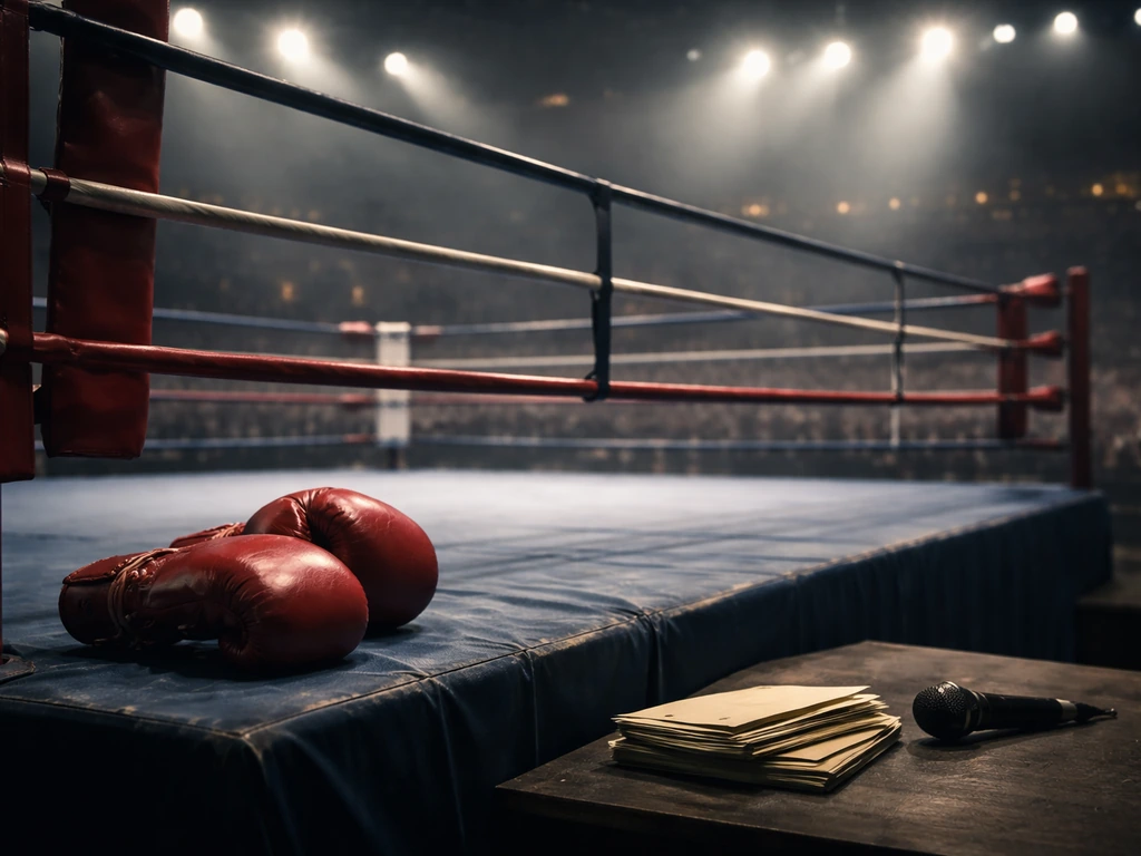 Empty boxing ring under bright lights with a pair of gloves on a corner, Las Vegas-style arena mood