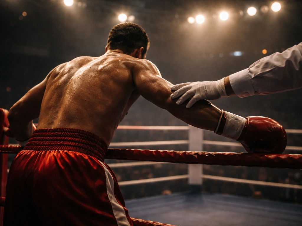 Ringside view of a boxer in red gloves mid-fight, with referee nearby in a dim arena.