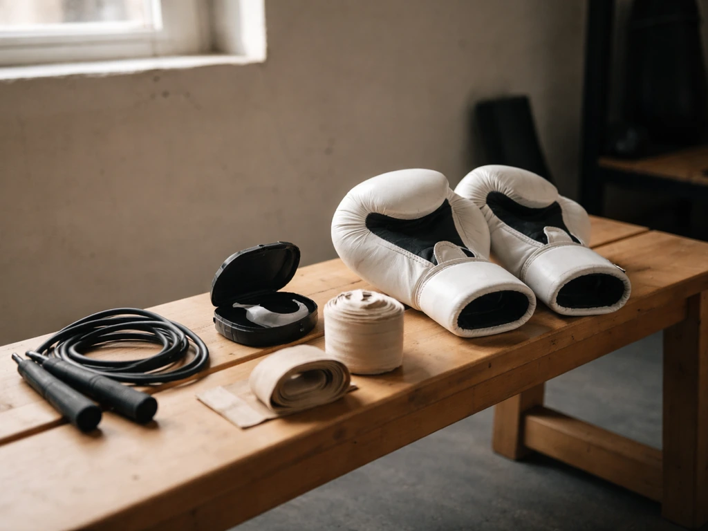 Boxing gloves and training gear arranged on a wooden bench in a quiet gym corner.