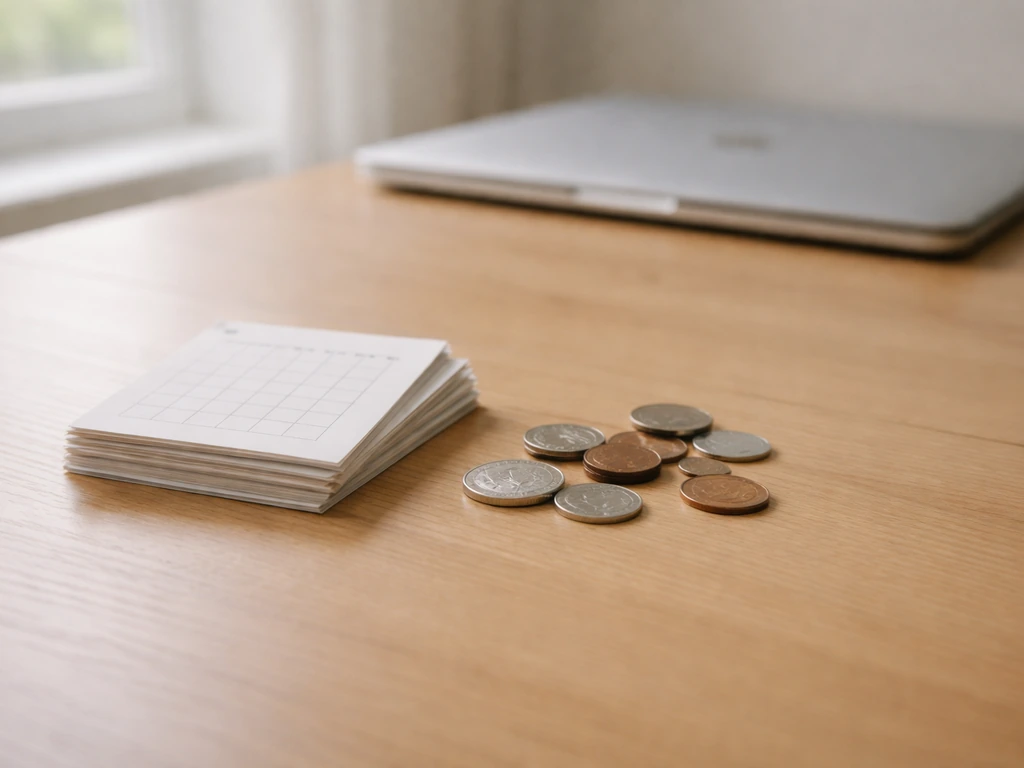 Minimal photo of a finance timeline setup: calendar pages, coins, and a closed laptop on a desk