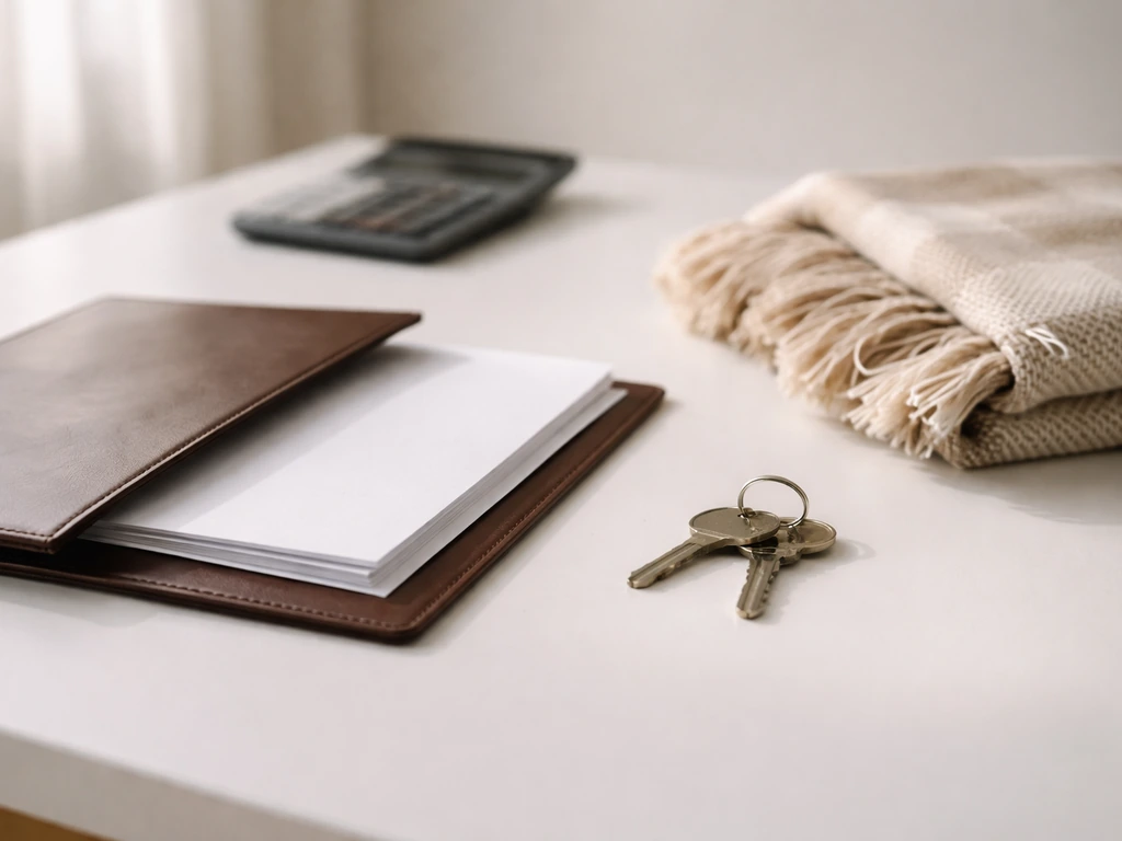 Desk with blank financial documents and house keys in natural light, suggesting checking money numbers