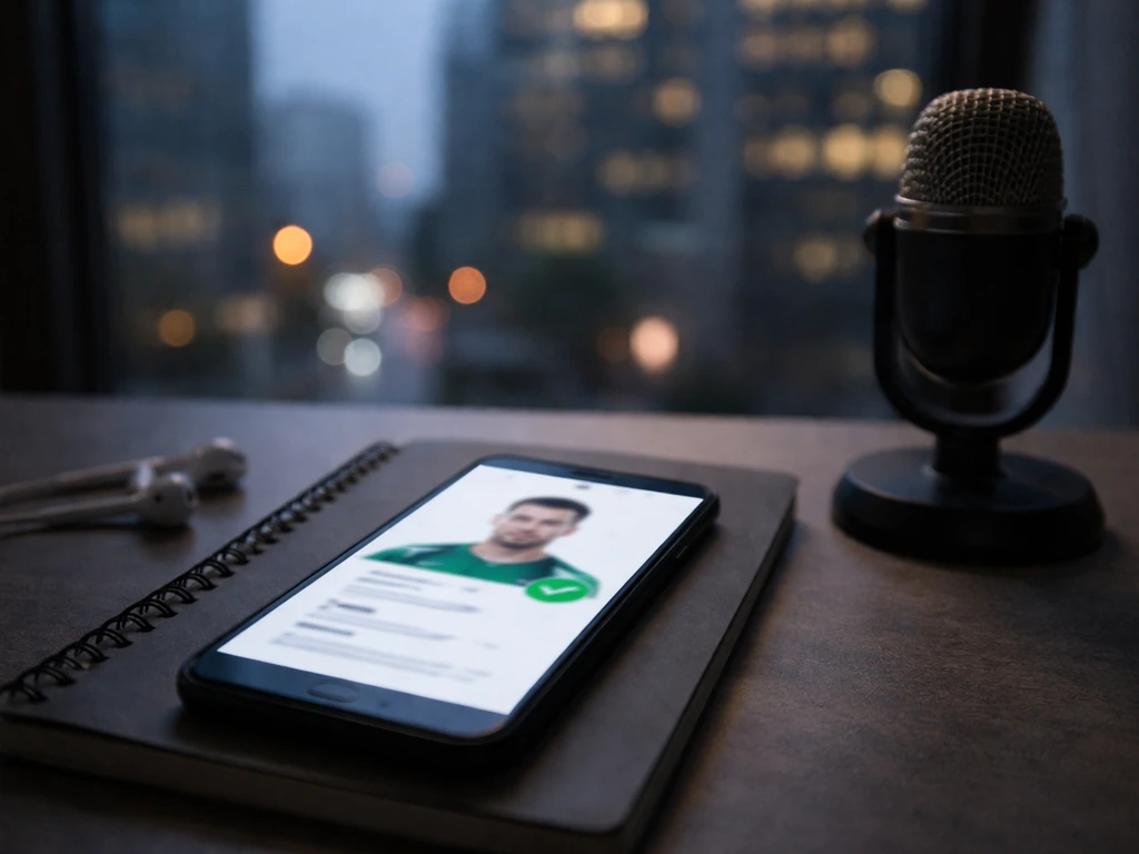 Smartphone, notebook, earbuds, and a small microphone on a desk beside a window with city buildings.