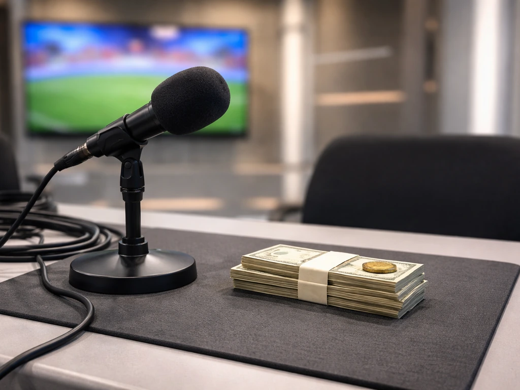 Microphone on a TV studio desk with minimal wealth symbolism like cash envelopes and a coin.