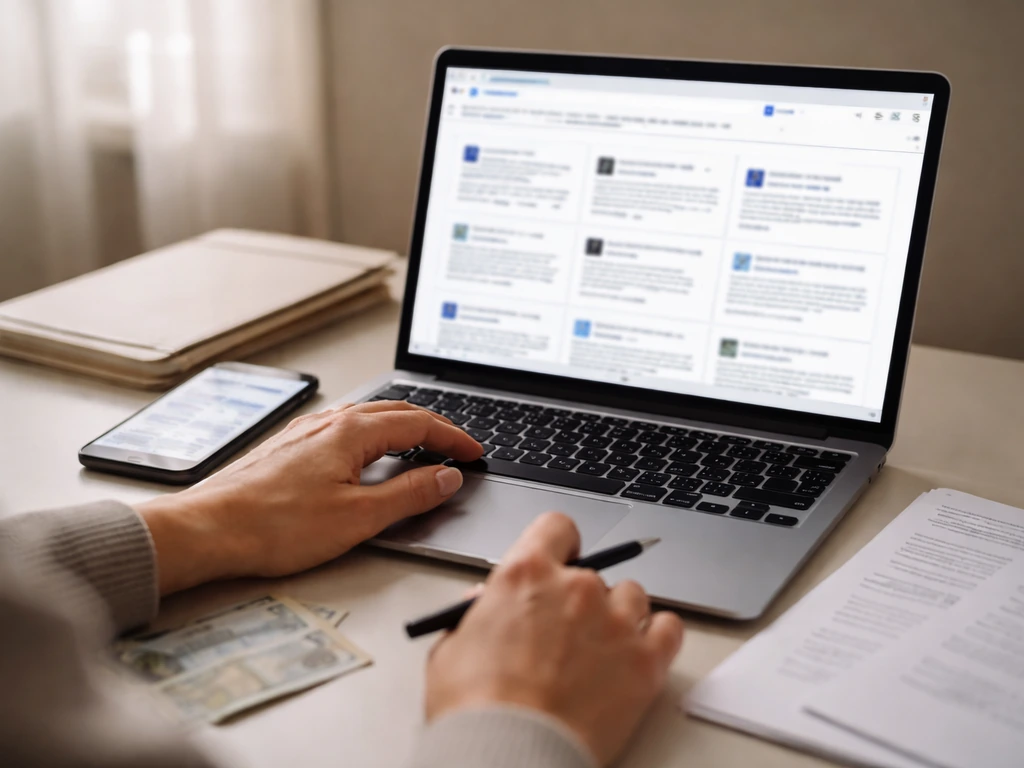 Person using a laptop and smartphone to research public claims, with documents and banknotes nearby.