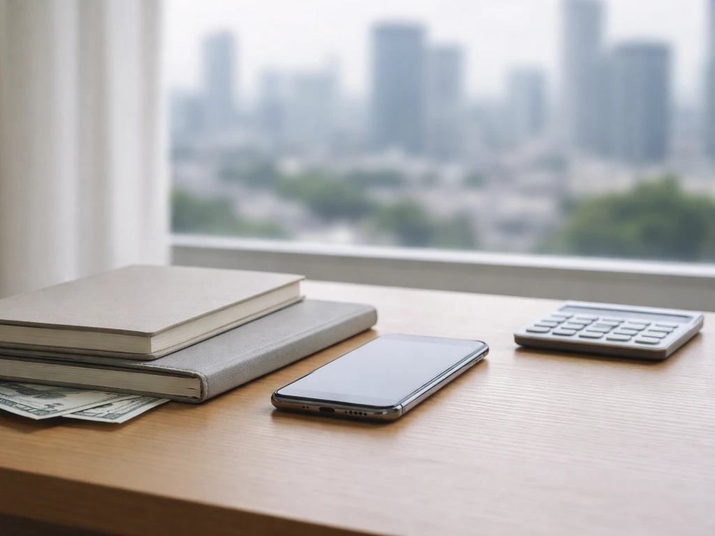 Minimal office desk with a smartphone, scattered cash, and a blurred city view suggesting net worth estimates
