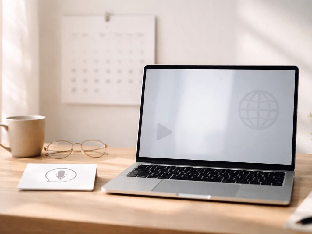 Minimal photo showing a laptop with a play button icon overlay, a calendar silhouette, and a website/social booking conc