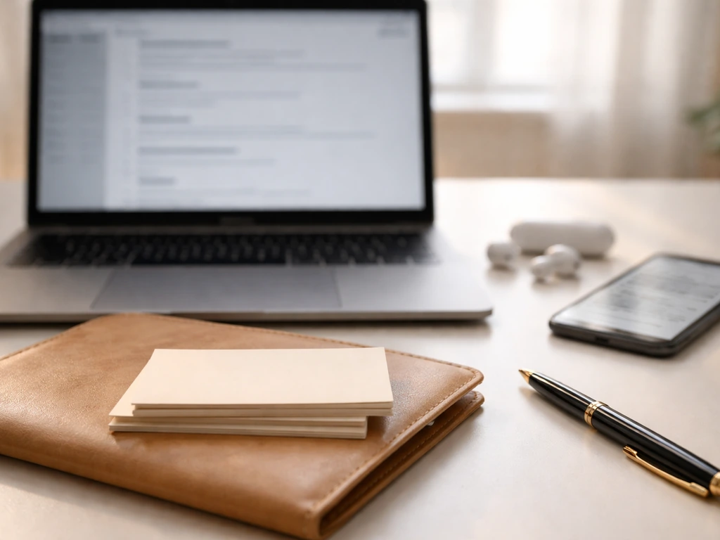 Close-up of a desk with a laptop and phone showing blurred conference and booking email content.