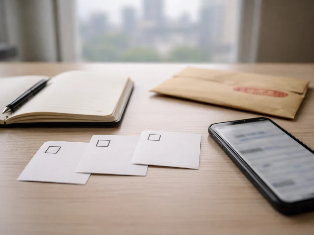 Minimal office desk scene with blank checklist cards, a smartphone, and documents suggesting verifying claims and avoidi