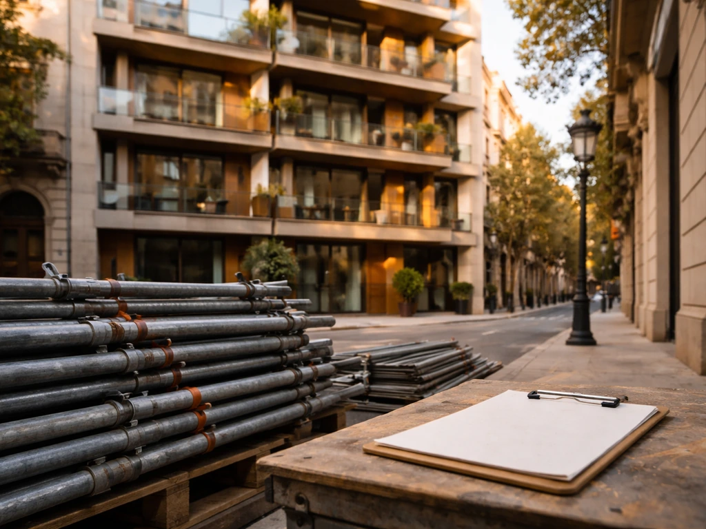 Barcelona office exterior view with a modern building facade and construction materials nearby
