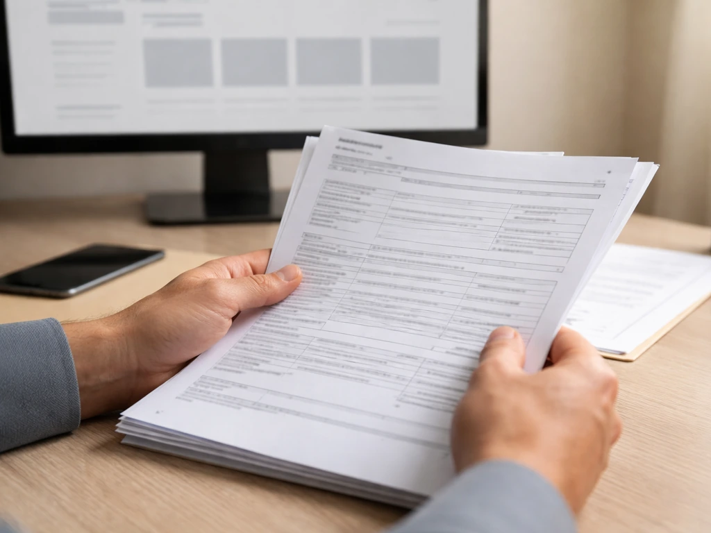 Close-up of hands at a desk reviewing official-style corporate registry documents in Spain.