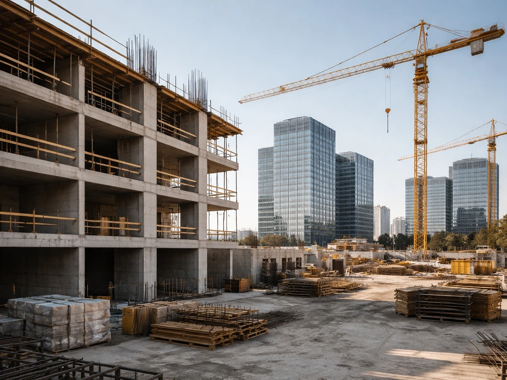 Cranes and concrete building work at a real-estate construction site near modern company buildings.