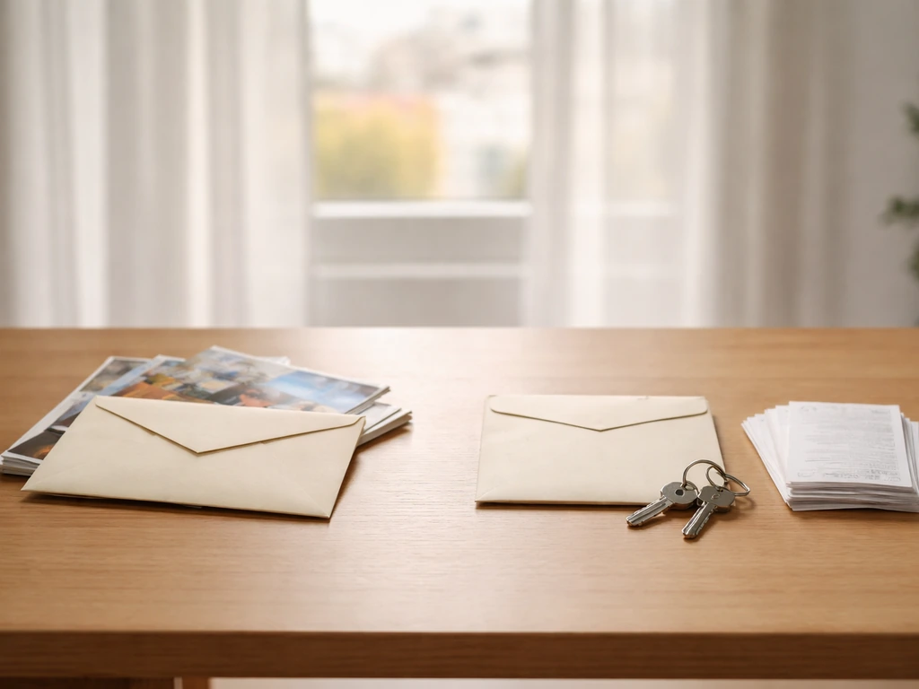 Minimal desk scene contrasting glossy lifestyle pages with sealed asset documents and keys.