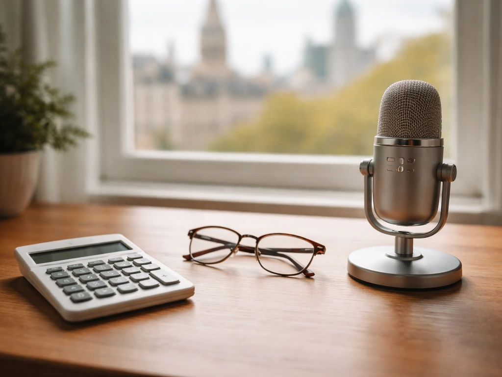 Minimal desk scene with a calculator, microphone, and blurred London skyline to suggest media and net-worth searches.