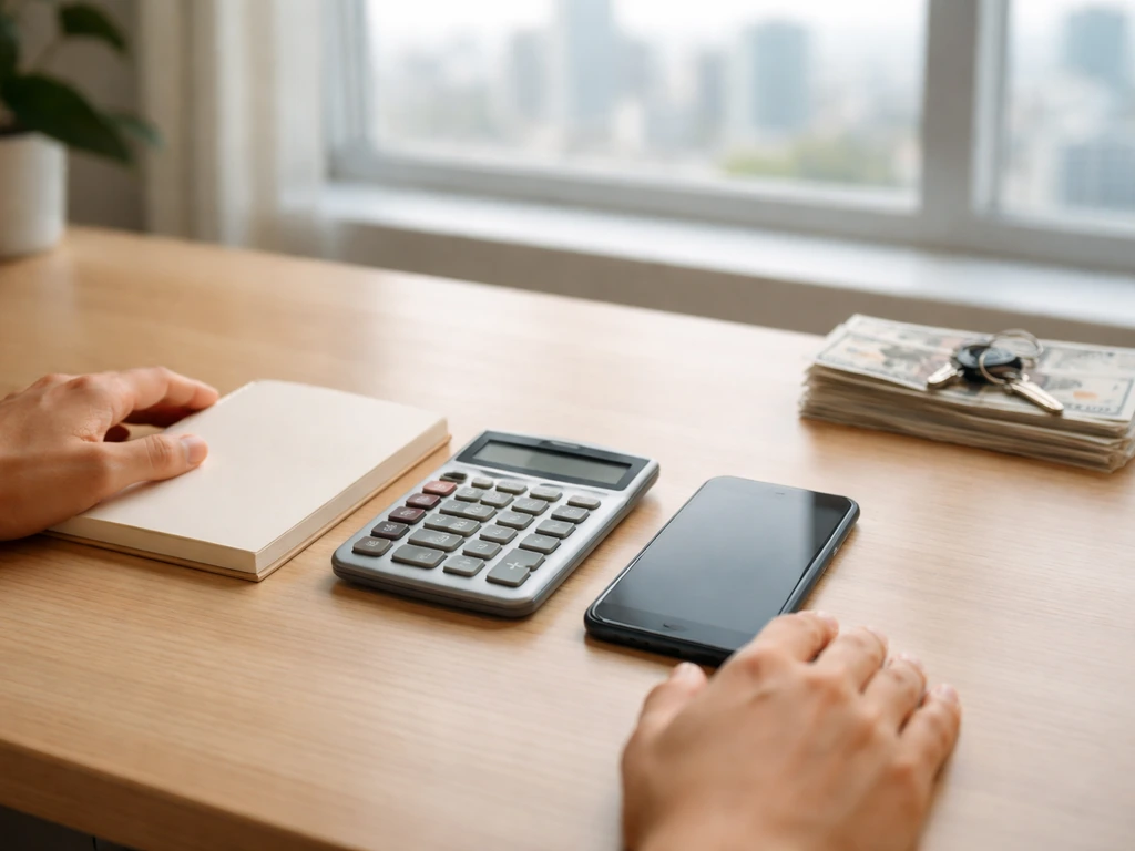 Minimal office desk scene with a notebook and smartphone showing a workflow-like process for estimating net worth.
