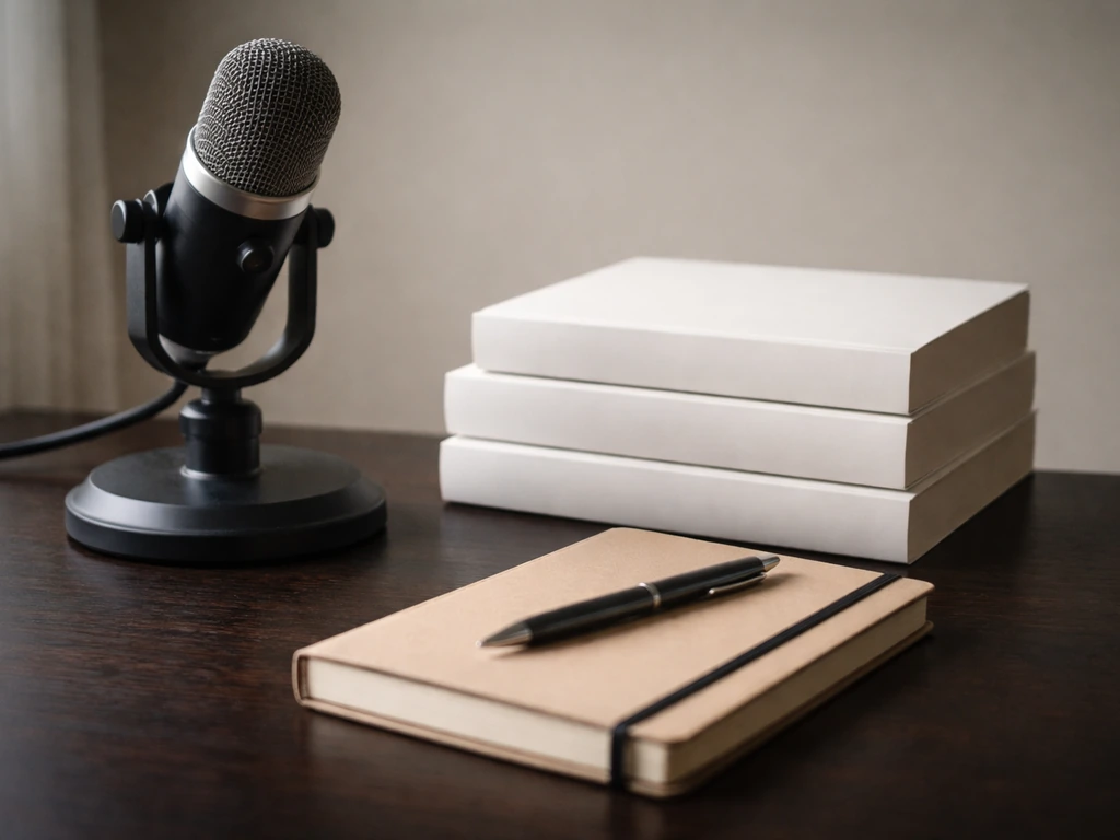 A desk scene with a microphone, blank books, and a notebook suggesting media, publishing, and speaking