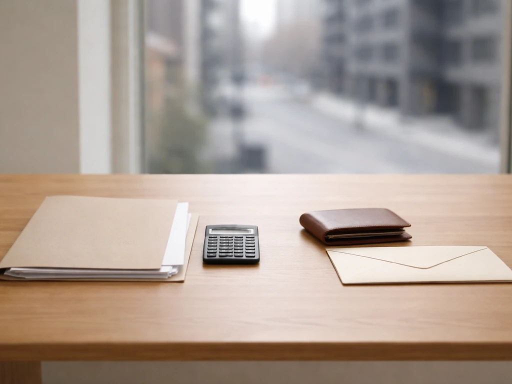 Minimal desk scene showing separate property/investment documents versus liabilities items, no text.