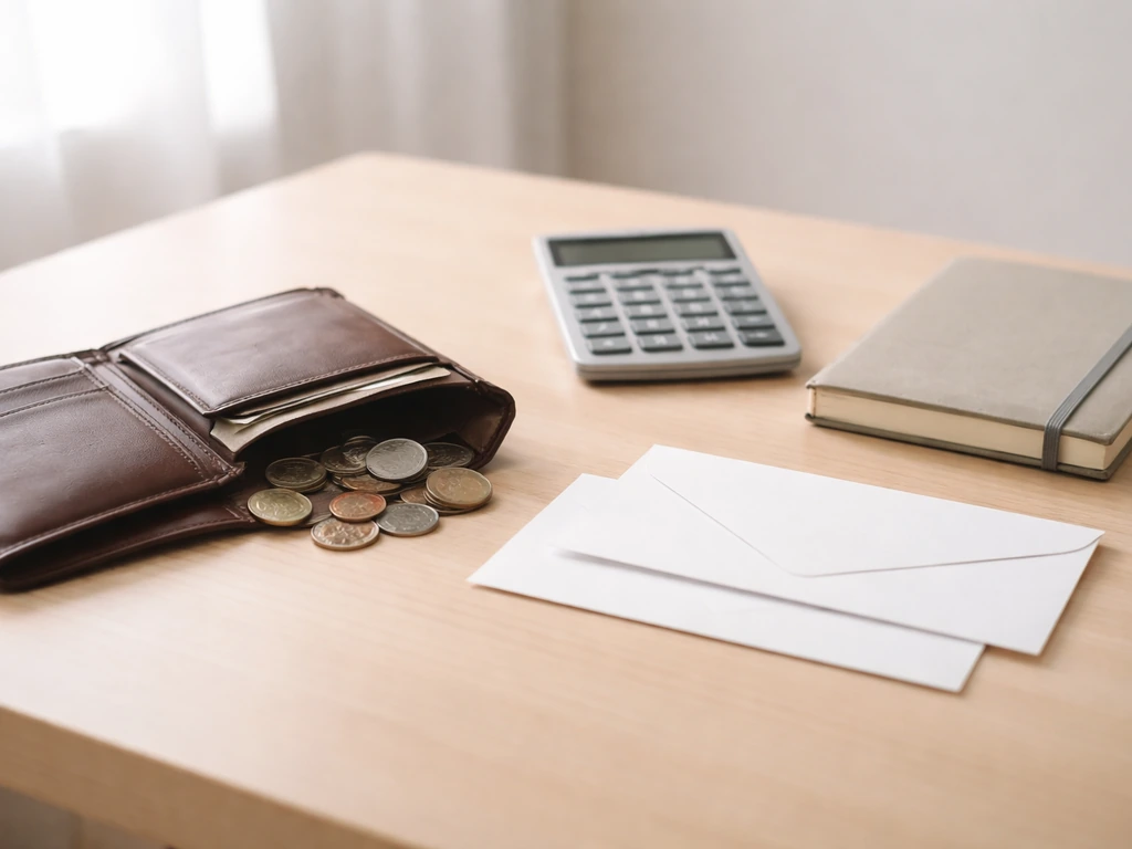 Office desk with two envelopes and a calculator, suggesting currency and income vs net worth confusion.