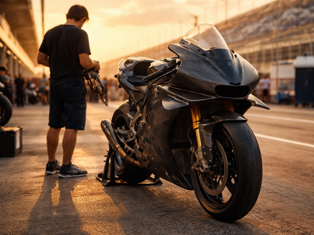 Anonymous MotoGP paddock scene with a racing bike and mechanic, symbolizing racing fame and curiosity about earnings.