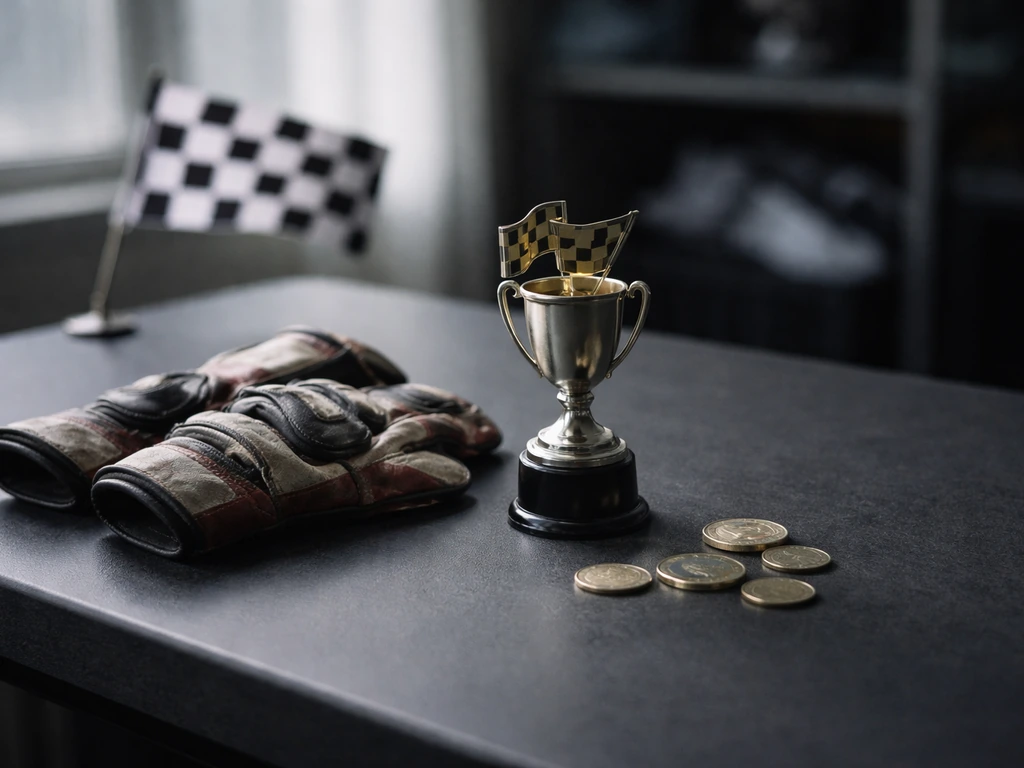 Minimal studio desk with a pair of racing gloves, a trophy, and scattered coins symbolizing MotoGP earnings
