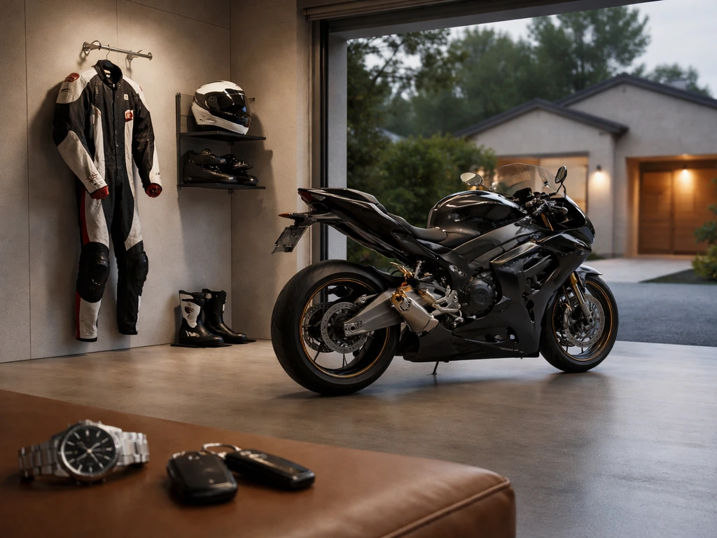 Luxury garage with a motorcycle, racing gear, a watch, and a house exterior silhouette visible.