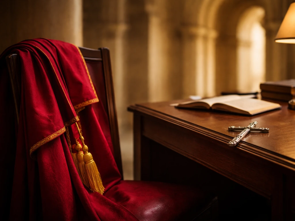 Maroon ceremonial robe and silver cross on a desk with softly blurred arched stone columns.