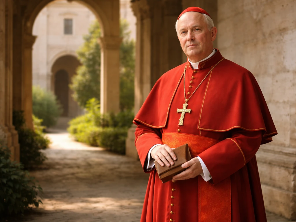 A Vatican courtyard scene with a cardinal in red robes, suggesting church-provided support like housing and meals.