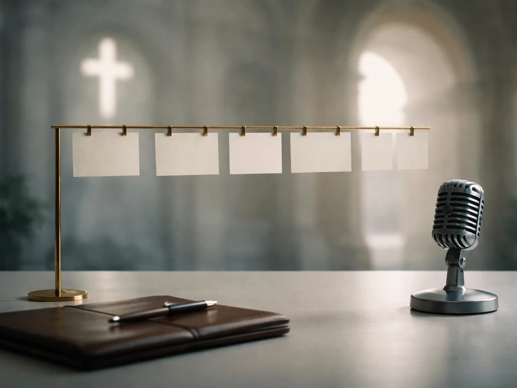 Minimal desk scene with a blank milestone card timeline, leather portfolio, and vintage microphone in soft Vatican-like