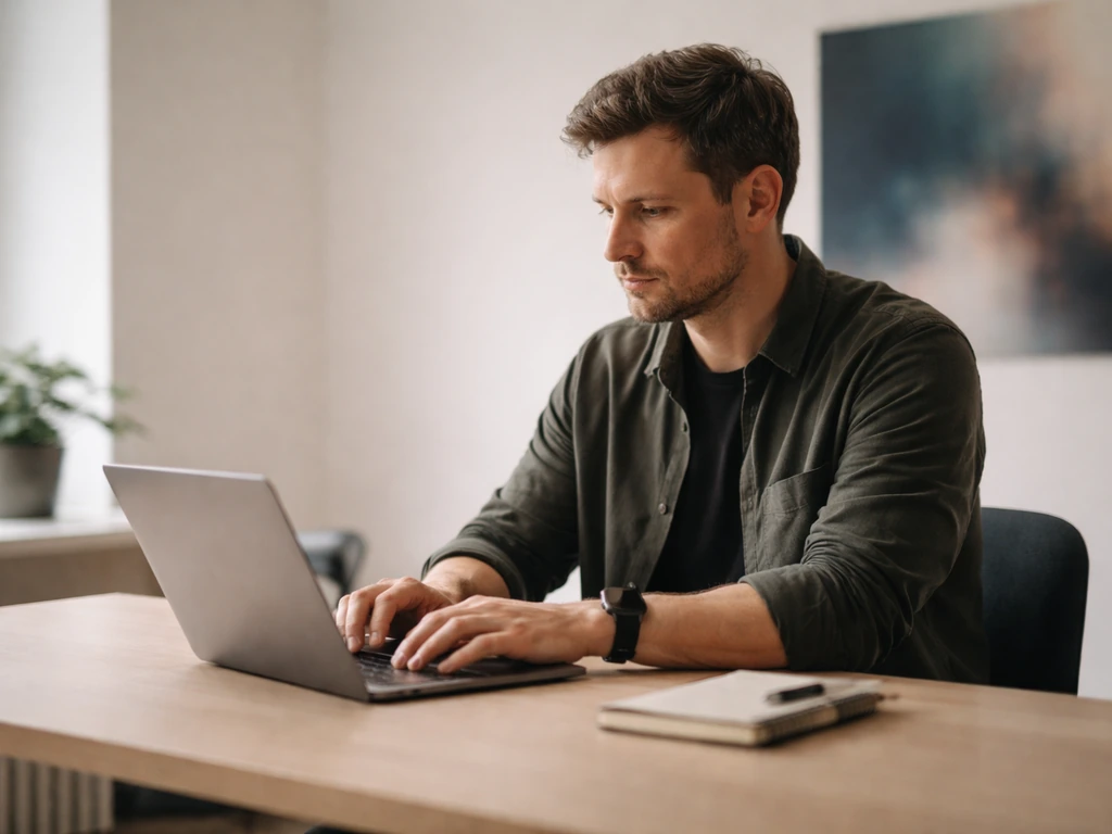 Berlin tech entrepreneur in a minimalist office with ART+COM–style digital art wall, candid iPhone look