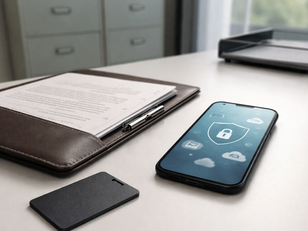Minimal desk scene with private documentation folder and smartphone, suggesting non-public company registry work.