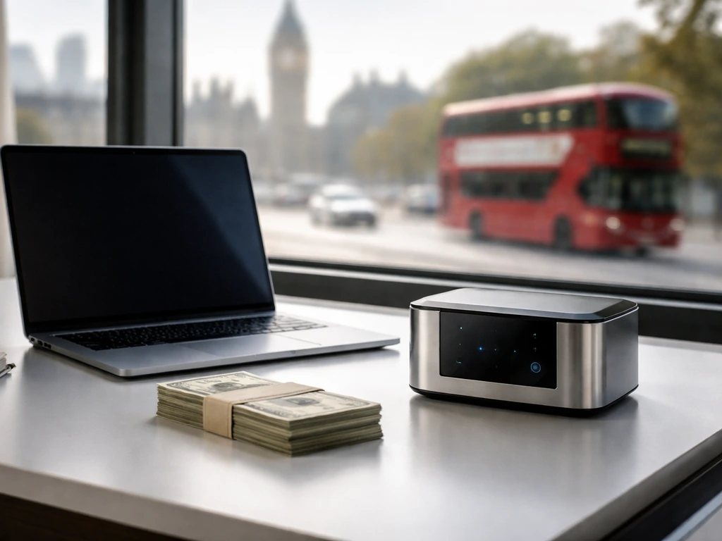 London business scene with a laptop, cash, and a branded-looking device on a clean desk