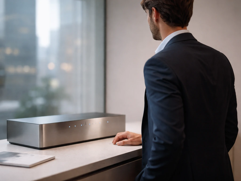 Anonymous entrepreneur in a London office next to a sleek automated bath control unit, technology-focused photo.