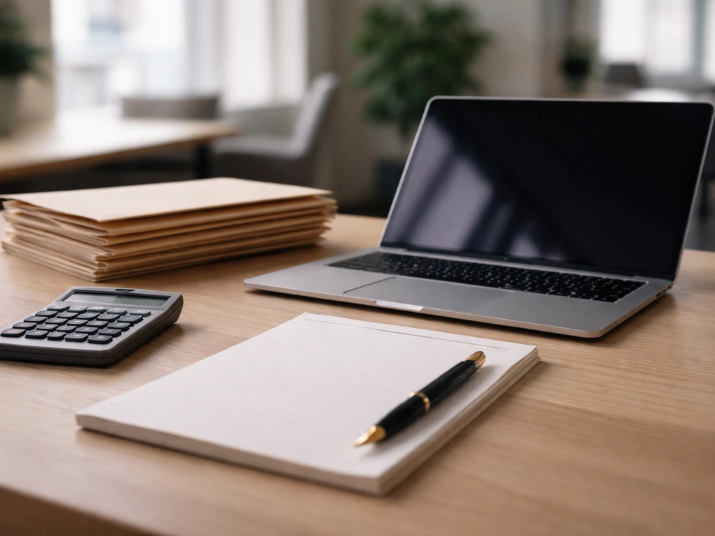 Minimal photo of a desk with a laptop, calculator, and folders illustrating building a net worth estimate.
