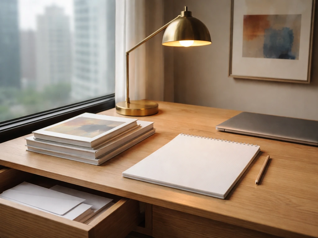Minimal desk scene with auction catalogs, envelopes, and an abstract framed painting near a laptop.