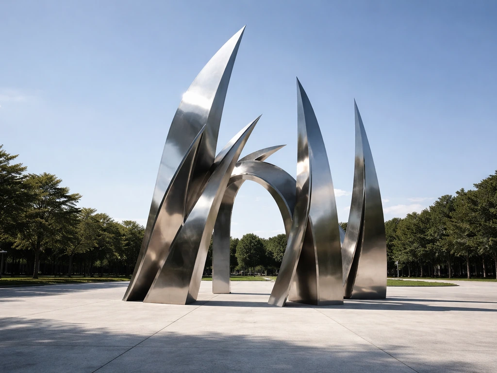 Large public steel sculpture in a quiet plaza/campus setting under soft daylight.