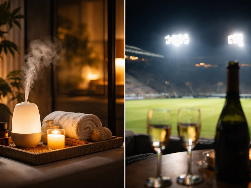 Split image of wellness-style room and empty stadium night lights with luxury bottles, symbolizing wealth sources.