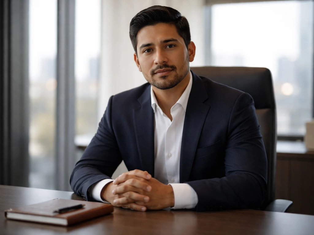 Mexican business executive in a modern office, framed in natural light with a simple desk setup