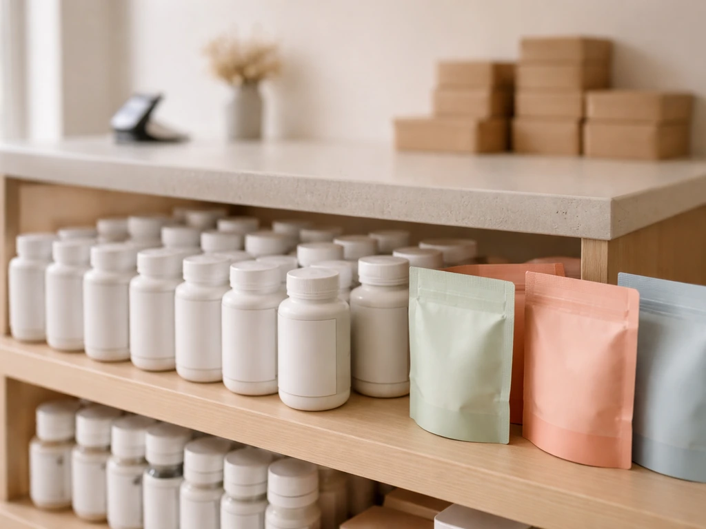 Close-up of neatly arranged wellness supplement bottles on a retail shelf with blurred boxes behind