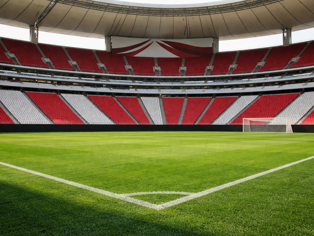 Empty football stadium with red-and-white seats and a green pitch under daylight, club colors visible.