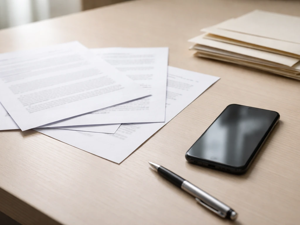 Minimal desk scene with scattered finance papers and a blurred phone showing conflicting news thumbnails