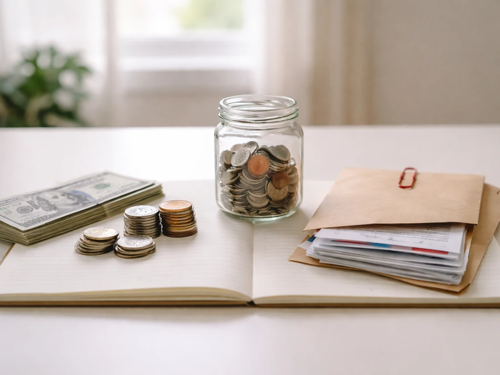 Desk photo with coins and bills arranged to symbolize assets minus liabilities.