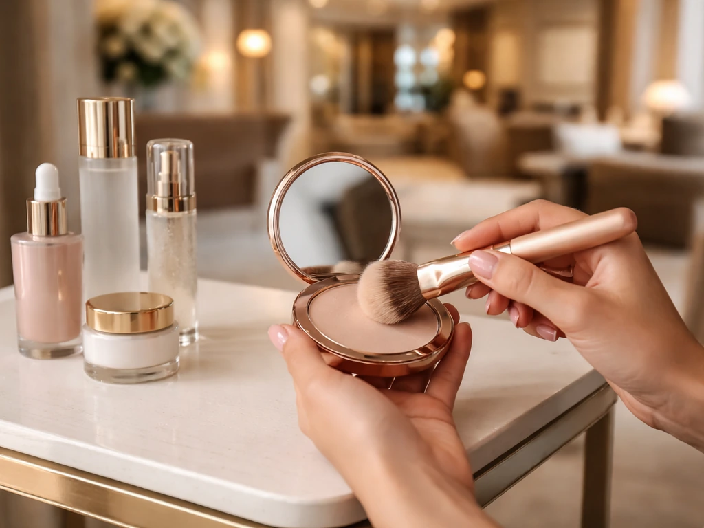 Anonymous hands applying makeup on a luxury vanity with skincare products and a soft hotel lobby background.