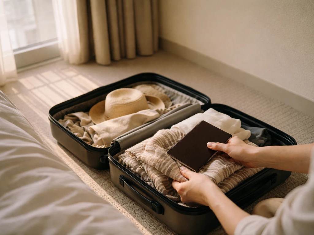 Sunlit passport stamping scene: hands holding a boarding pass and travel bag near a window
