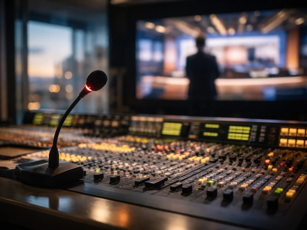 Unbranded TV studio control room with microphone and broadcast equipment, symbolizing media wealth interest.