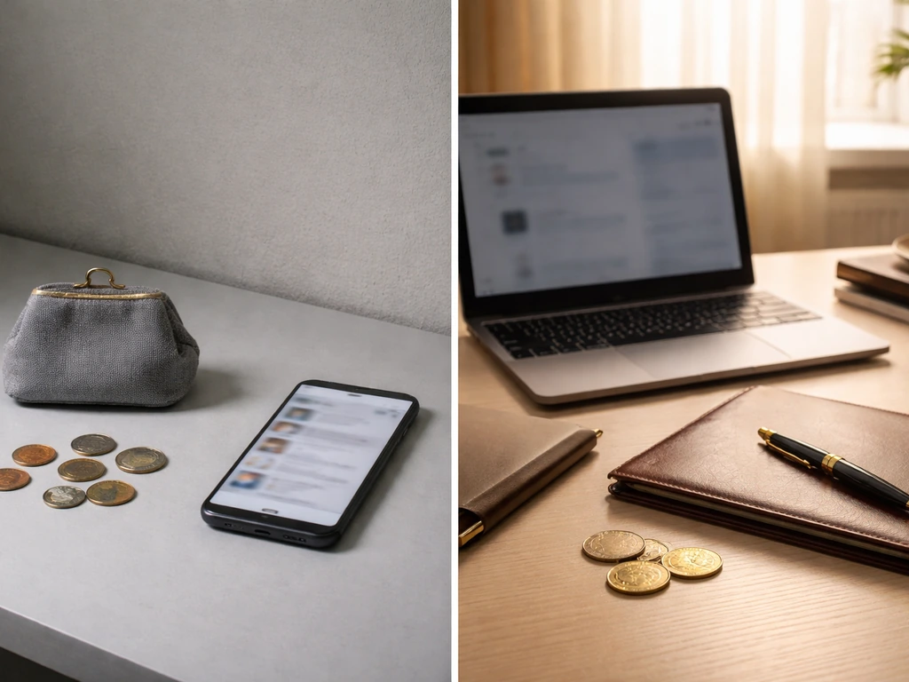 Split desk photo showing low-range vs high-range vibes with coins and blurred phone/laptop screens.