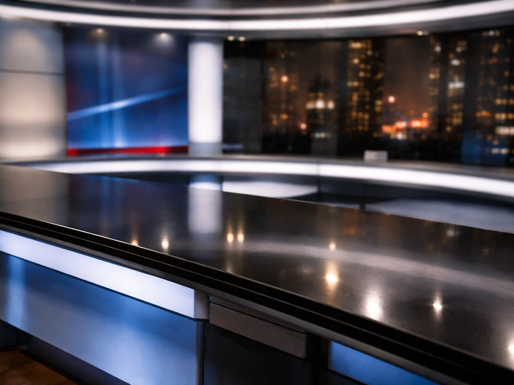 Univision-style newsroom studio desk with soft lighting and blurred set in the background
