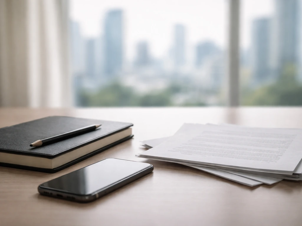 Minimal desk scene with notebook, pencil, and printed pages suggesting net-worth claim verification.