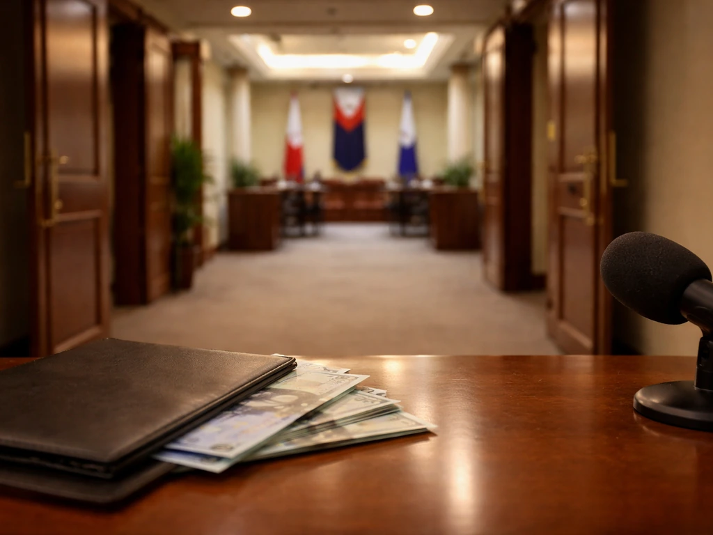 Empty government office corridor with a desk folder, peso bills out of focus, and a microphone nearby.
